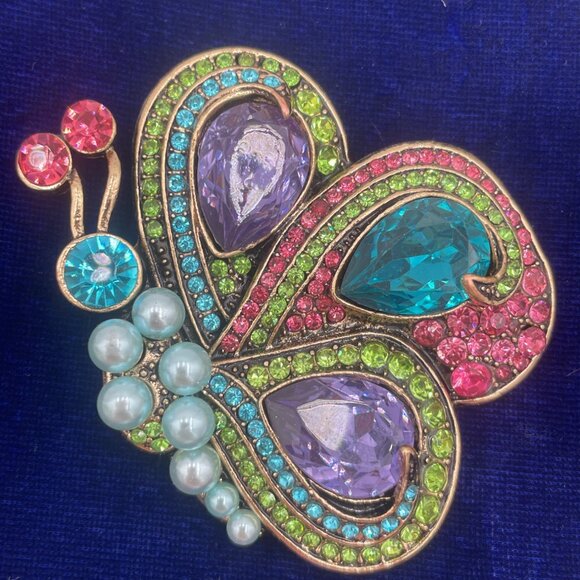Colorful Butterfly Brooch With Rhinestones & Faux Pearls For Women 2 Inches Mult - Picture 2 of 8